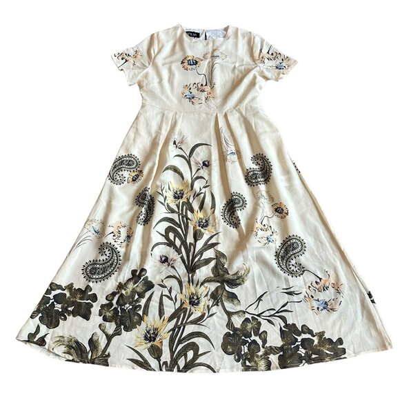 Kaimilan Creamy Ivory Floral Print Dress Knee Length Short Sleeve Size 8 NWT - Picture 1 of 13